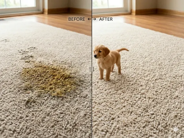 Before and after professional pet stain removal on carpet in Las Cruces NM by Bliss Carpet Cleaning
