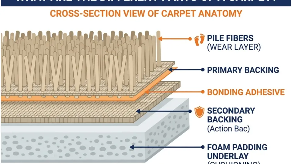 Carpet anatomy cross-section diagram showing pile, backing, and padding
