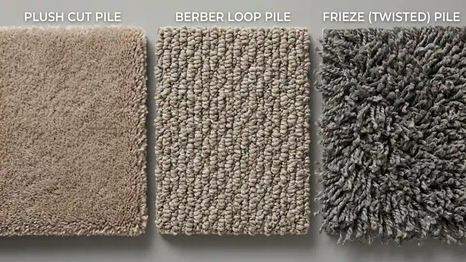 Comparison of cut pile, loop pile, and frieze carpet styles