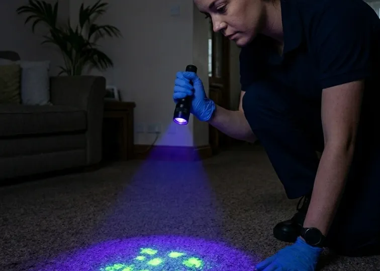 Pet stain removal process — UV blacklight inspection and enzyme treatment, Las Cruces NM