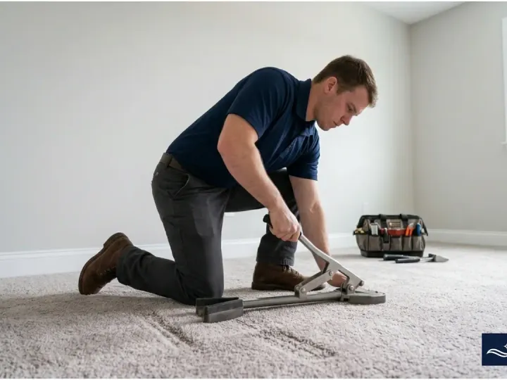 Bliss Carpet Cleaning technician performing professional carpet repair and stretching in Las Cruces NM