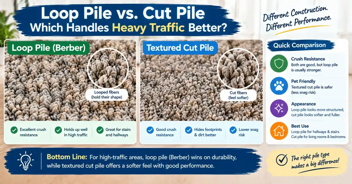 Close-up comparison of loop pile (Berber) and textured cut pile carpet fibers with key benefits for high-traffic areas