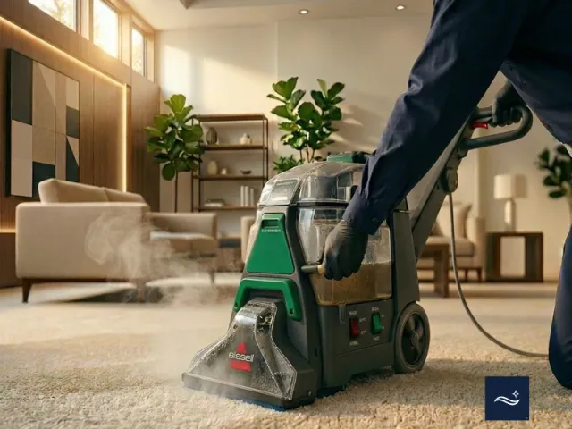 Bliss Carpet Cleaning team member cleaning a carpet in a Las Cruces NM home