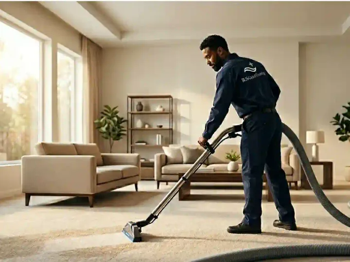 Bliss Carpet Cleaning technician performing residential carpet cleaning in a Las Cruces NM home