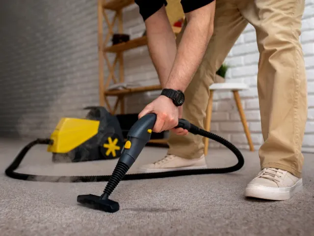 Bliss Carpet Cleaning technician treating deep-set carpet stains in a Las Cruces NM home