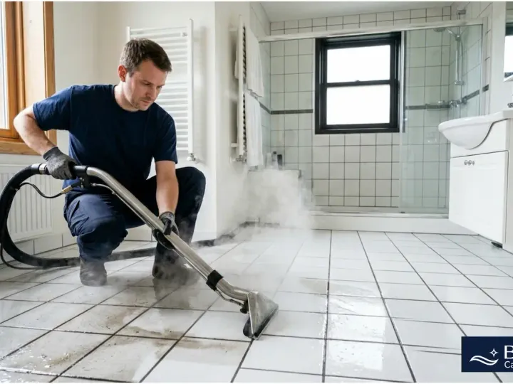Bliss Carpet Cleaning technician performing professional tile and grout cleaning in Las Cruces NM