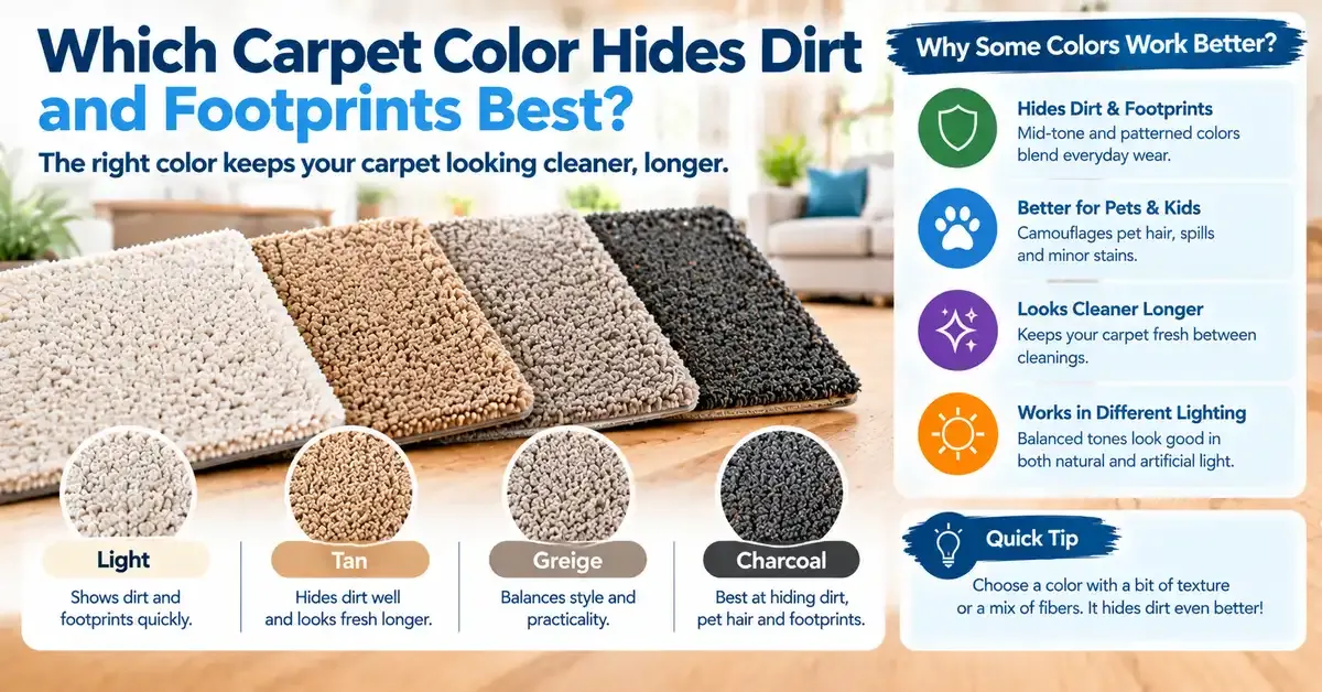 Carpet color comparison showing light, tan, greige, and charcoal options with tips on which colors hide dirt and footprints best